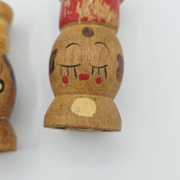 Vintage Wooden Figural Face Salt & Pepper Shakers Mini Hand Painted Pair Decor - Picture 8 of 10